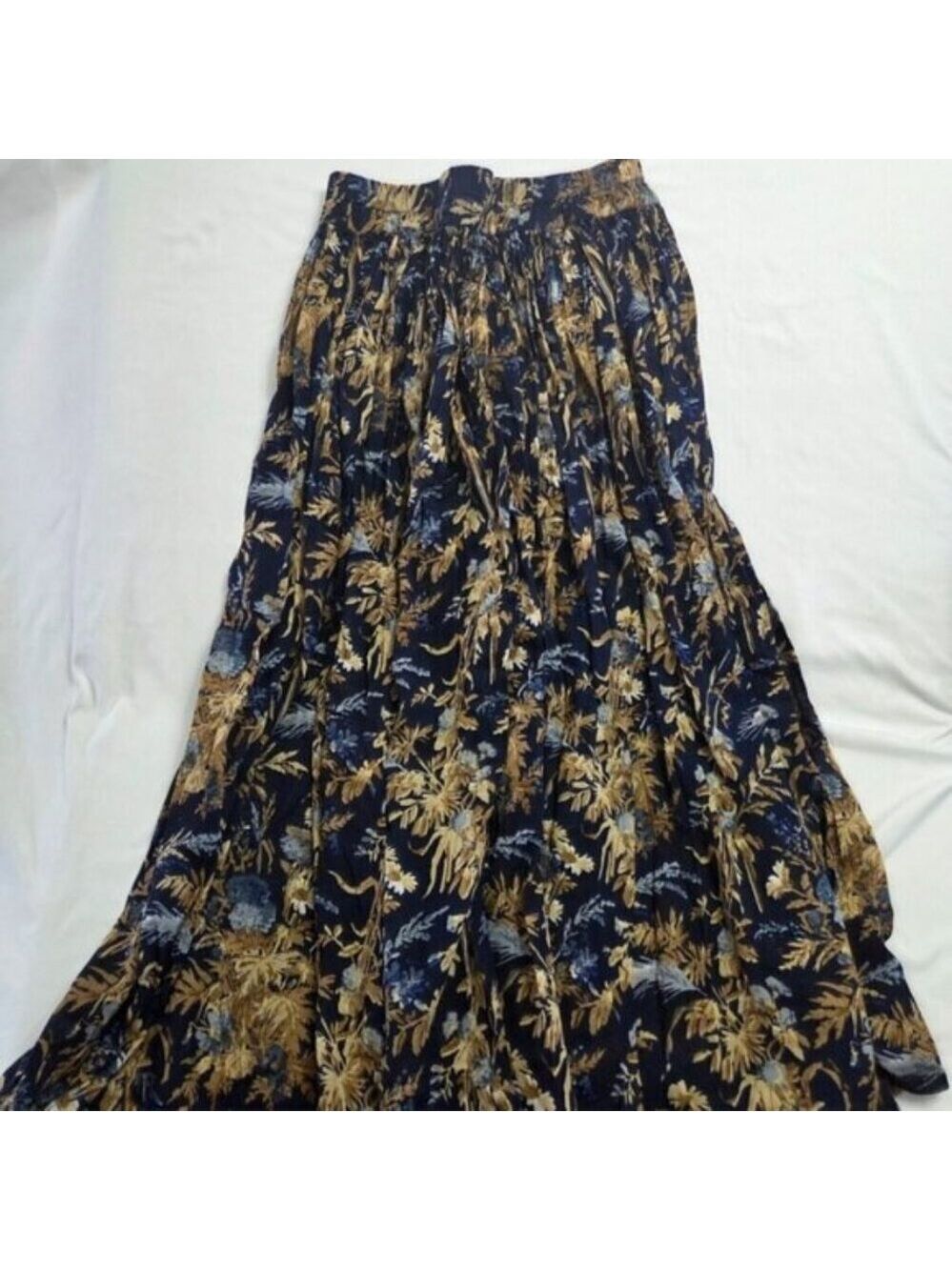 Vintage Floral Maxi Skirt Blue Gold Boho Tiered XL